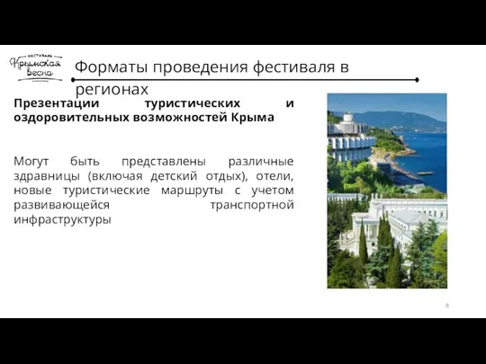 Форматы проведения фестиваля в регионах Презентации туристических и оздоровительных возможностей Крыма Могут