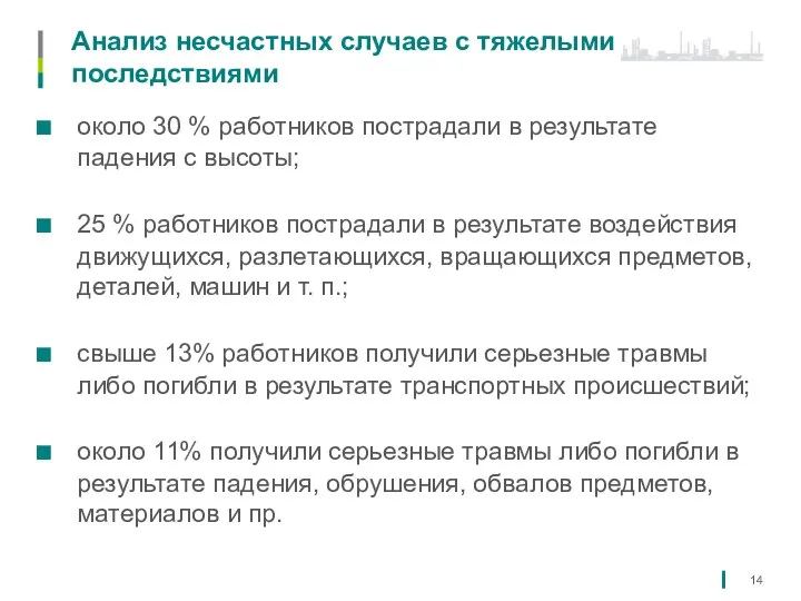 Анализ несчастных случаев с тяжелыми последствиями около 30 % работников пострадали в