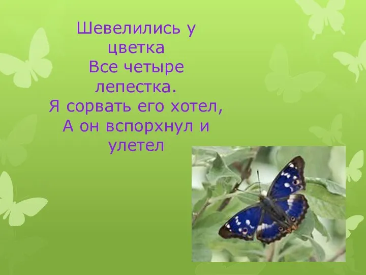 Шевелились у цветка Все четыре лепестка. Я сорвать его хотел, А он вспорхнул и улетел