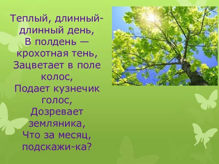 Теплый, длинный-длинный день, В полдень — крохотная тень, Зацветает в поле колос,