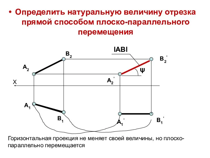 Определить натуральную величину отрезка прямой способом плоско-параллельного перемещения X A2 B1 A1