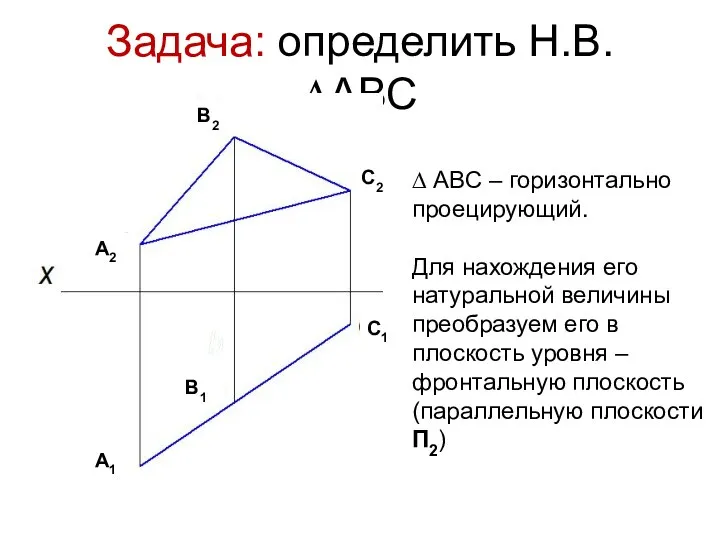 Задача: определить Н.В. ∆АВС ∆ АВС – горизонтально проецирующий. Для нахождения его