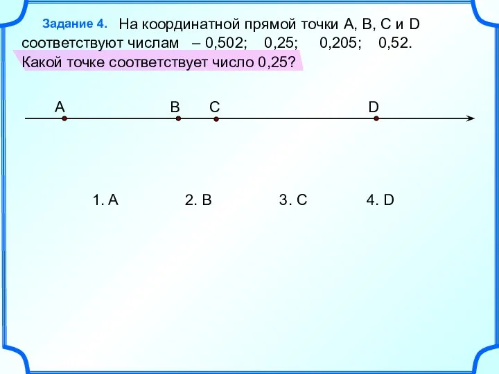 На координатной прямой точки A, B, C и D соответствуют числам –