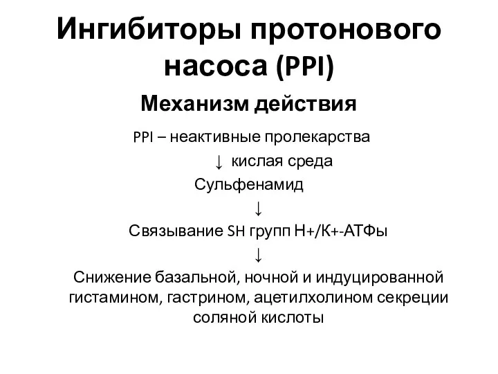 Ингибиторы протонового насоса (PPI) Механизм действия PPI – неактивные пролекарства ↓ кислая