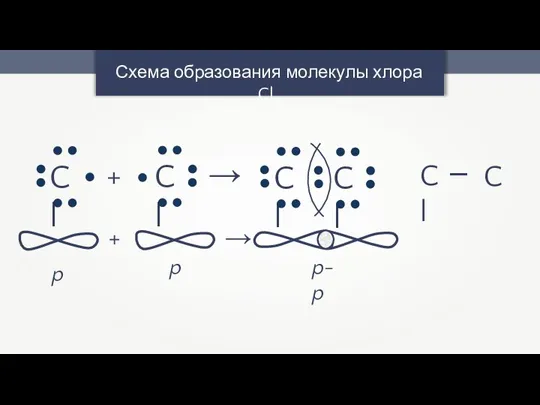 Схема образования молекулы хлора Cl2 + → Cl — C p p p-p + →