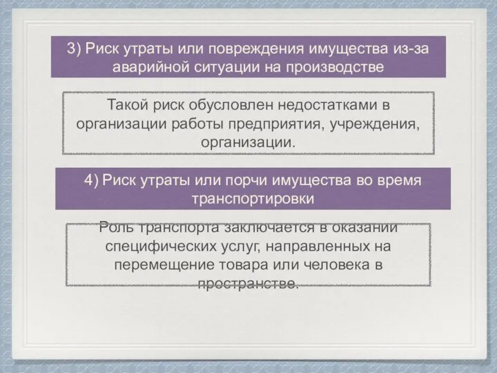 3) Риск утраты или повреждения имущества из-за аварийной ситуации на производстве 4)