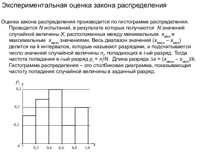 Экспериментальная оценка закона распределения Оценка закона распределения производится по гистограмме распределения. Проводится