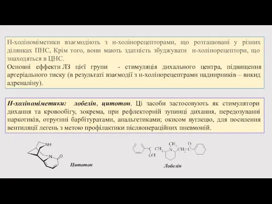 Н-холіноміметики: лобелін, цитотон. Ці засоби застосовують як стимулятори дихання та кровообігу, зокрема,