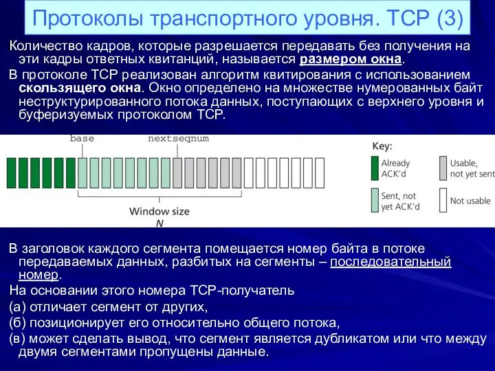 Протоколы транспортного уровня. ТСР (3) Количество кадров, которые разрешается передавать без получения