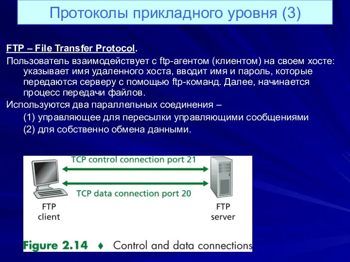 Протоколы прикладного уровня (3) FTP – File Transfer Protocol. Пользователь взаимодействует с