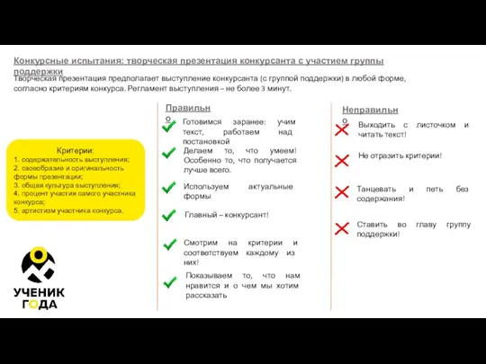 Конкурсные испытания: творческая презентация конкурсанта с участием группы поддержки Творческая презентация предполагает