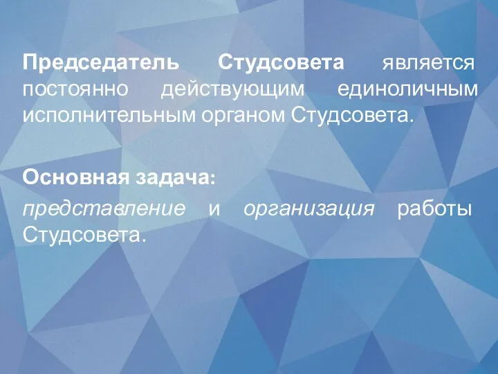 Председатель Студсовета является постоянно действующим единоличным исполнительным органом Студсовета. Основная задача: представление и организация работы Студсовета.