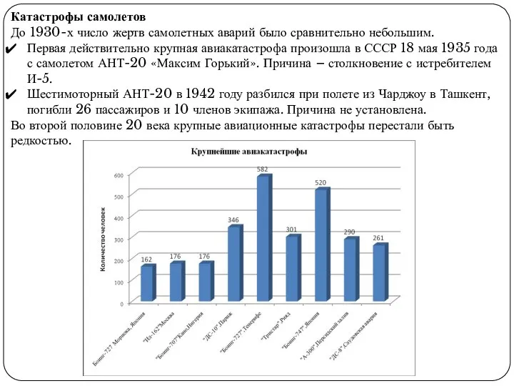 Катастрофы самолетов До 1930-х число жертв самолетных аварий было сравнительно небольшим. Первая