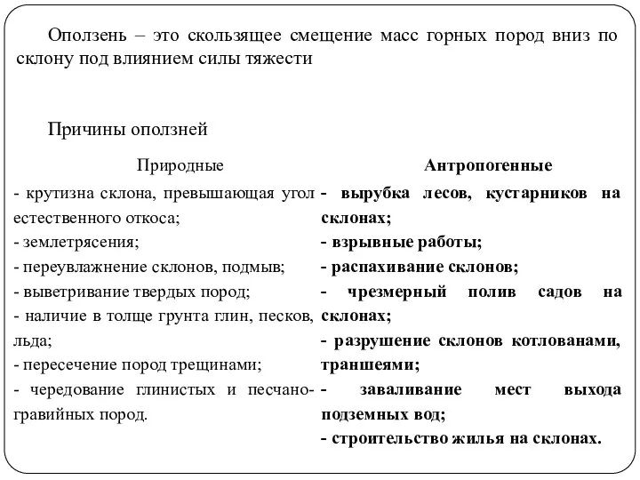 Оползень – это скользящее смещение масс горных пород вниз по склону под