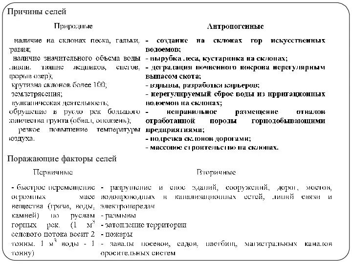 Причины селей Поражающие факторы селей