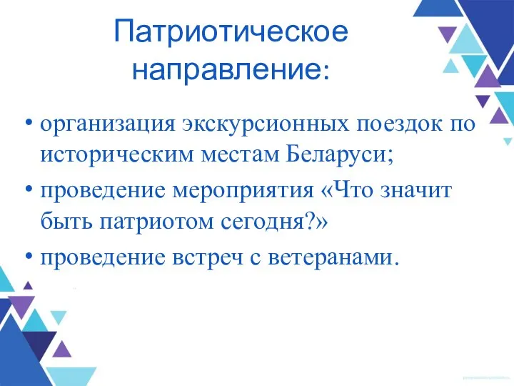 Патриотическое направление: организация экскурсионных поездок по историческим местам Беларуси; проведение мероприятия «Что