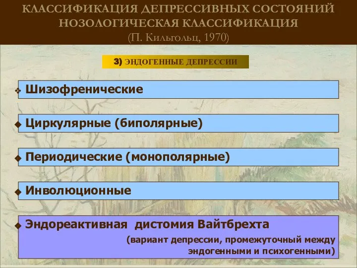 КЛАССИФИКАЦИЯ ДЕПРЕССИВНЫХ СОСТОЯНИЙ НОЗОЛОГИЧЕСКАЯ КЛАССИФИКАЦИЯ (П. Кильгольц, 1970) 3) ЭНДОГЕННЫЕ ДЕПРЕССИИ Шизофренические