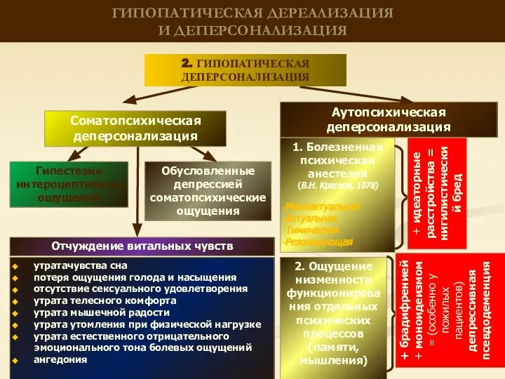 ГИПОПАТИЧЕСКАЯ ДЕРЕАЛИЗАЦИЯ И ДЕПЕРСОНАЛИЗАЦИЯ Аутопсихическая деперсонализация 1. Болезненная психическая анестезия (В.Н. Краснов,