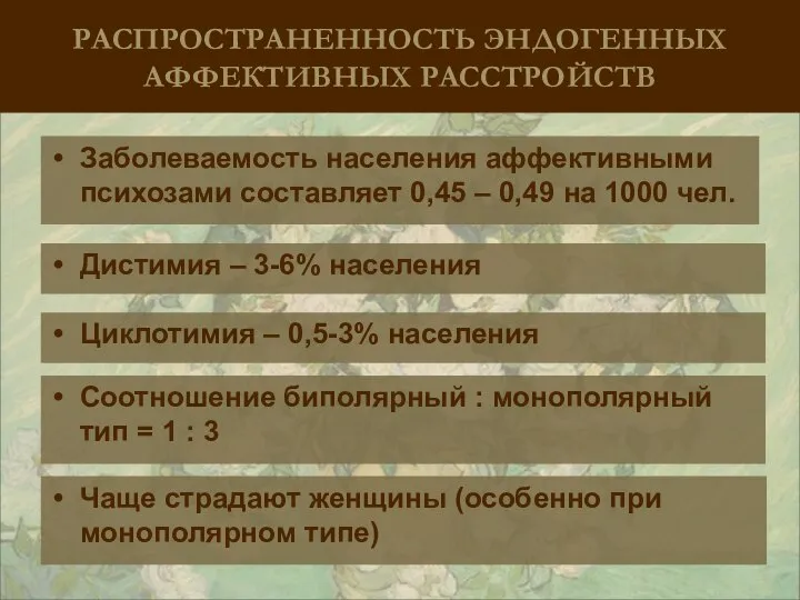 РАСПРОСТРАНЕННОСТЬ ЭНДОГЕННЫХ АФФЕКТИВНЫХ РАССТРОЙСТВ Заболеваемость населения аффективными психозами составляет 0,45 – 0,49