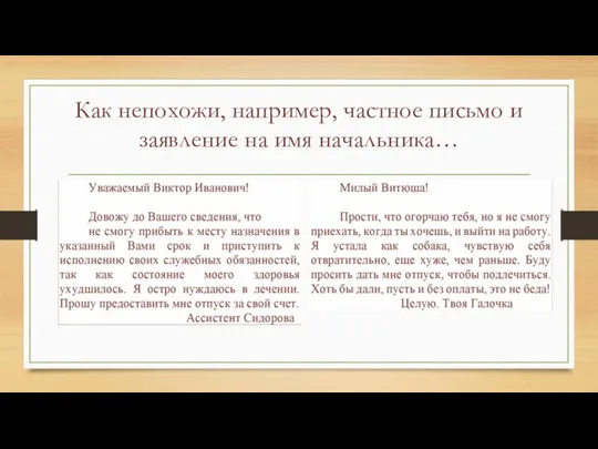 Как непохожи, например, частное письмо и заявление на имя начальника…