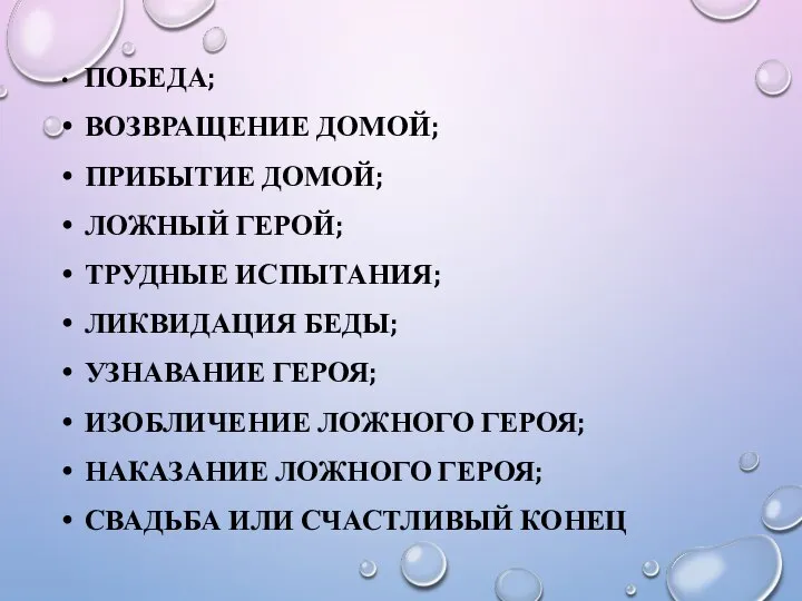 ПОБЕДА; ВОЗВРАЩЕНИЕ ДОМОЙ; ПРИБЫТИЕ ДОМОЙ; ЛОЖНЫЙ ГЕРОЙ; ТРУДНЫЕ ИСПЫТАНИЯ; ЛИКВИДАЦИЯ БЕДЫ; УЗНАВАНИЕ