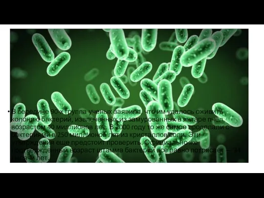 В середине 90-х группа ученых заявила, что им удалось оживить колонию бактерий,