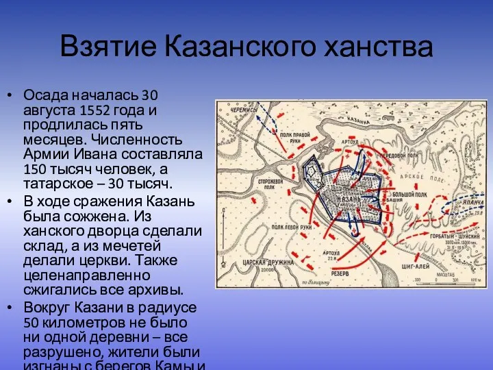 Взятие Казанского ханства Осада началась 30 августа 1552 года и продлилась пять