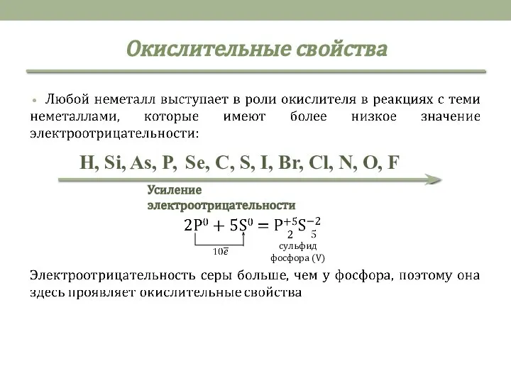 Окислительные свойства H, Si, As, P, Se, C, S, I, Br, Cl,