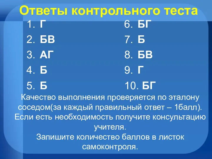 Ответы контрольного теста 1. Г 2. БВ 3. АГ 4. Б 5.