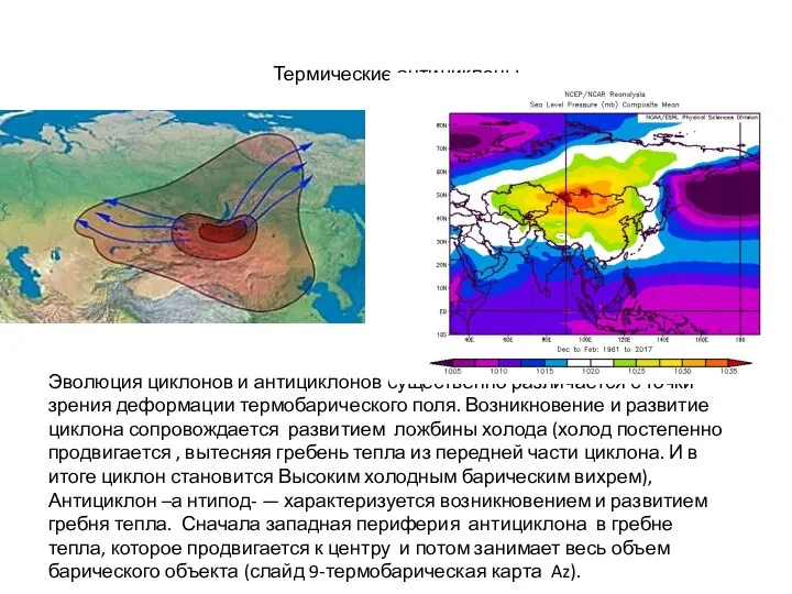 Термические антициклоны Эволюция циклонов и антициклонов существенно различается с точки зрения деформации