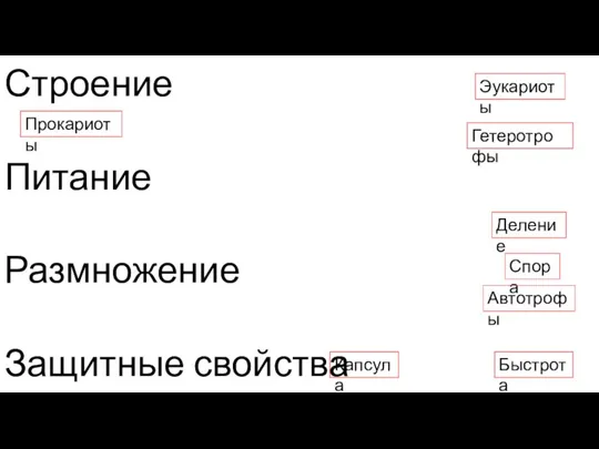 Строение Питание Размножение Защитные свойства Прокариоты Эукариоты Гетеротрофы Капсула Спора Автотрофы Деление Быстрота