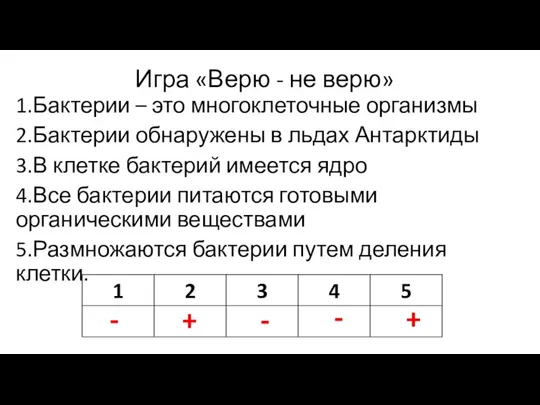 Игра «Верю - не верю» 1.Бактерии – это многоклеточные организмы 2.Бактерии обнаружены