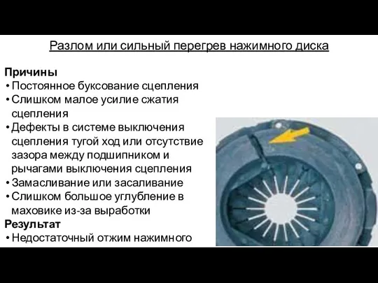 Разлом или сильный перегрев нажимного диска Причины Постоянное буксование сцепления Слишком малое