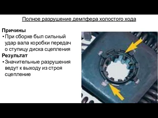 Полное разрушение демпфера холостого хода Причины При сборке был сильный удар вала