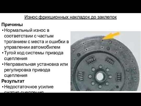 Износ фрикционных накладок до заклепок Причины Нормальный износ в соответствии с частым