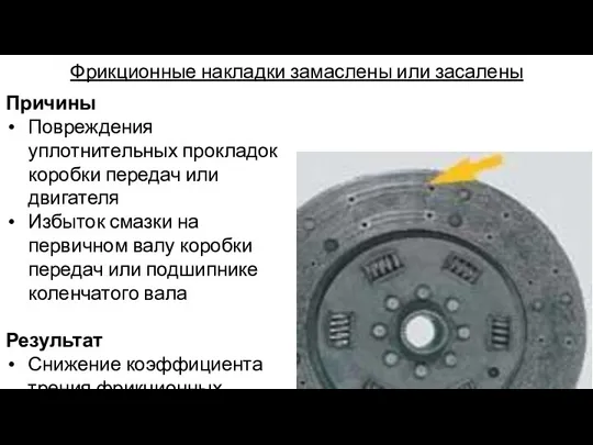 Фрикционные накладки замаслены или засалены Причины Повреждения уплотнительных прокладок коробки передач или