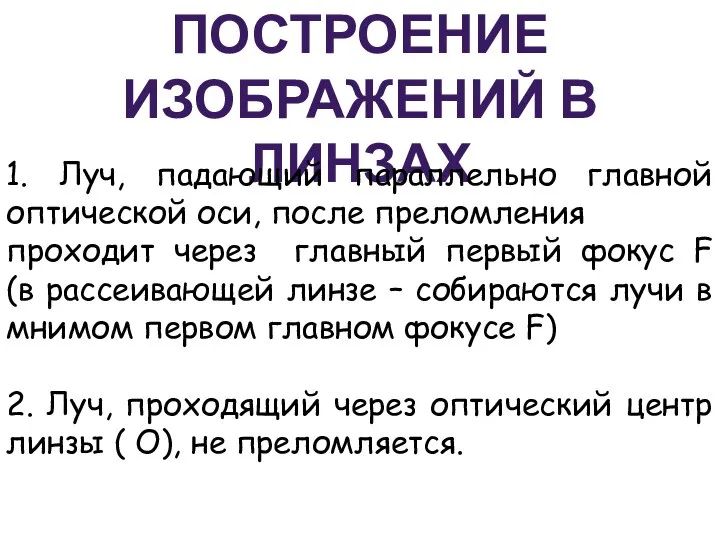 ПОСТРОЕНИЕ ИЗОБРАЖЕНИЙ В ЛИНЗАХ 1. Луч, падающий параллельно главной оптической оси, после