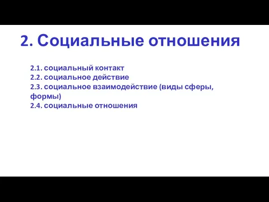 2. Социальные отношения 2.1. социальный контакт 2.2. социальное действие 2.3. социальное взаимодействие