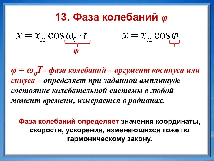 Фаза колебаний определяет значения координаты, скорости, ускорения, изменяющихся тоже по гармоническому закону.