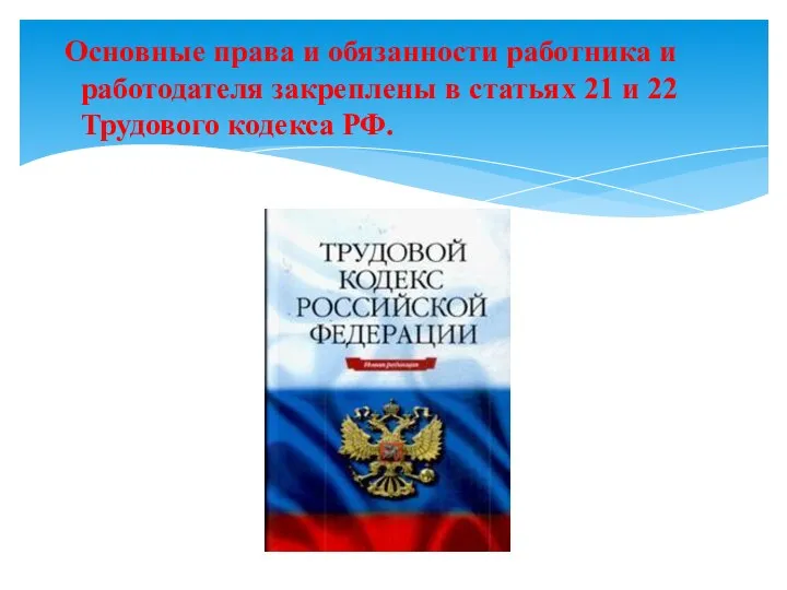 Основные права и обязанности работника и работодателя закреплены в статьях 21 и 22 Трудового кодекса РФ.