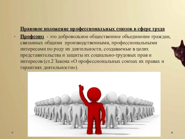 Правовое положение профессиональных союзов в сфере труда Профсоюз - это добровольное общественное