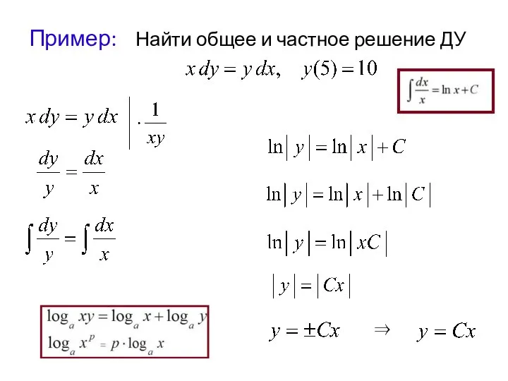 Пример: Найти общее и частное решение ДУ ⇒