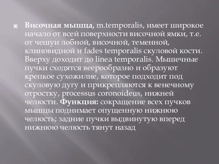 Височная мышца, m.temporalis, имеет широкое начало от всей поверхности височной ямки, т.е.