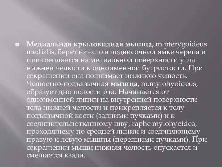 Медиальная крыловидная мышца, m.pterygoideus medialis, берет начало в подвисочной ямке черепа и