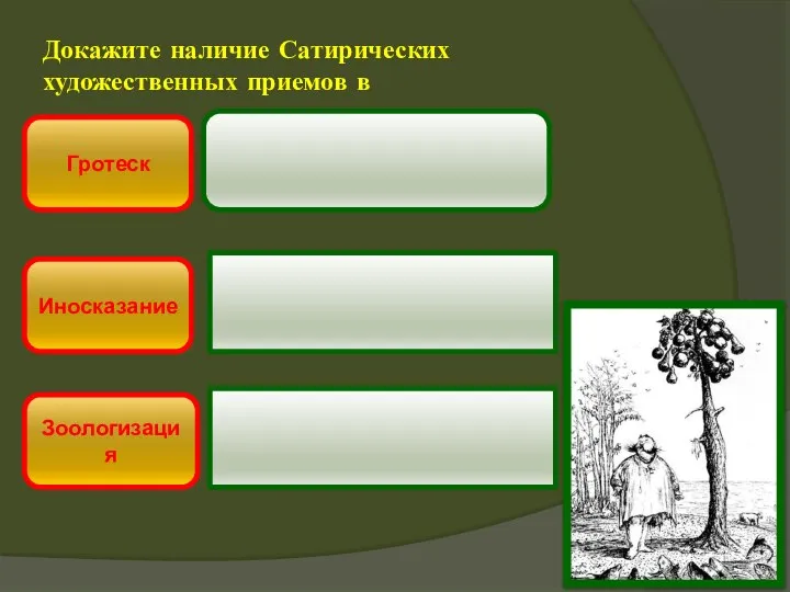 Докажите наличие Сатирических художественных приемов в Иносказание Зоологизация Гротеск