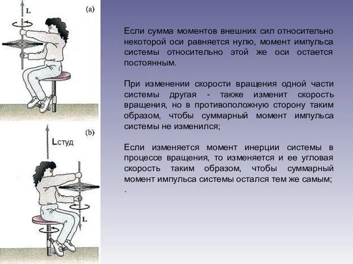 Если сумма моментов внешних сил относительно некоторой оси равняется нулю, момент импульса