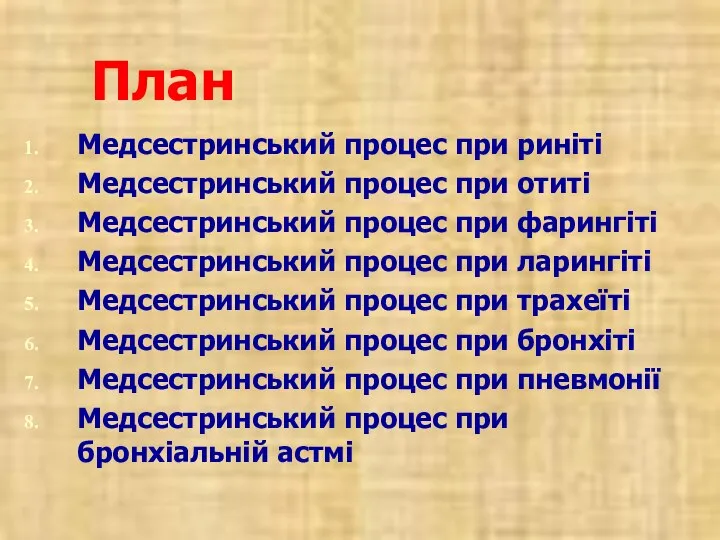 План Медсестринський процес при риніті Медсестринський процес при отиті Медсестринський процес при