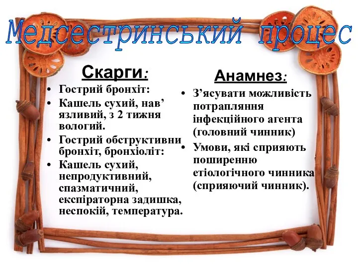 Скарги: Гострий бронхіт: Кашель сухий, нав’язливий, з 2 тижня вологий. Гострий обструктивни