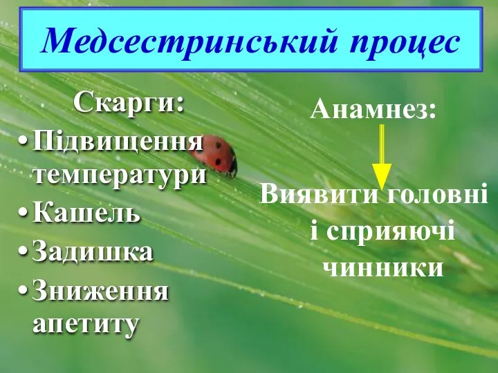 Медсестринський процес Скарги: Підвищення температури Кашель Задишка Зниження апетиту Анамнез: Виявити головні і сприяючі чинники