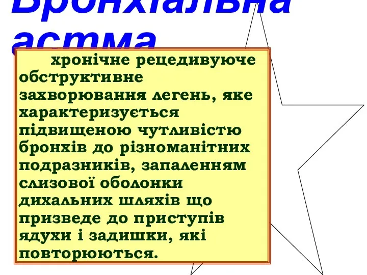 Бронхіальна астма хронічне рецедивуюче обструктивне захворювання легень, яке характеризується підвищеною чутливістю бронхів